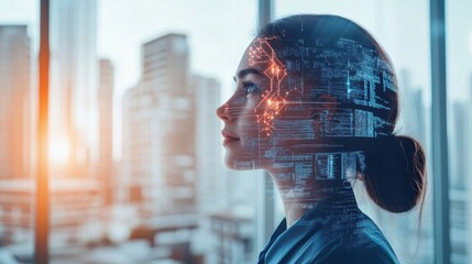 Woman Profile with Digital Code Overlay AI, Technology, Future Concept