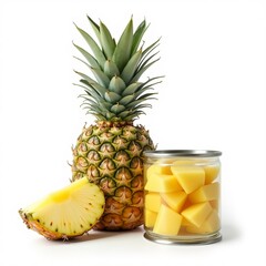 A full Pineapple with a slice and fresh chopped Pineapple slices in an open can isolated on white background