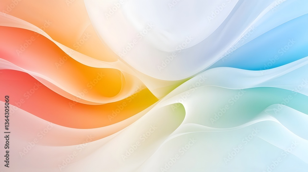 Poster This captivating abstract image features a mesmerizing display of vivid color gradient waves with soft pastel rainbow tones and shimmering silky textures rippling gently across a wide