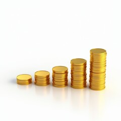 Tall stack of shiny gold coins with detailed engravings, symbol of wealth, investment, and prosperity isolated on white background