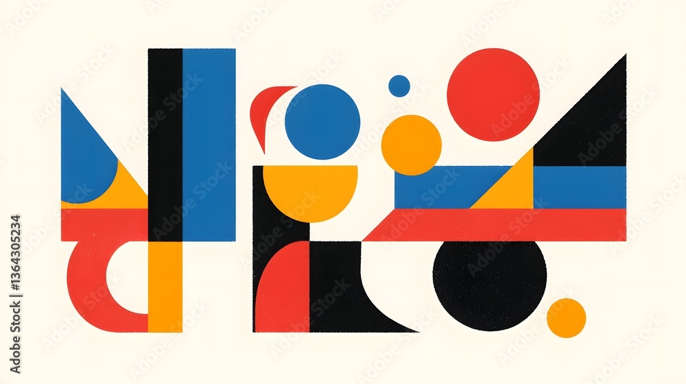 Poster A bold minimalist abstract composition featuring stacked geometric shapes in a dynamic arrangement of primary colors creating a visually striking and harmonious design