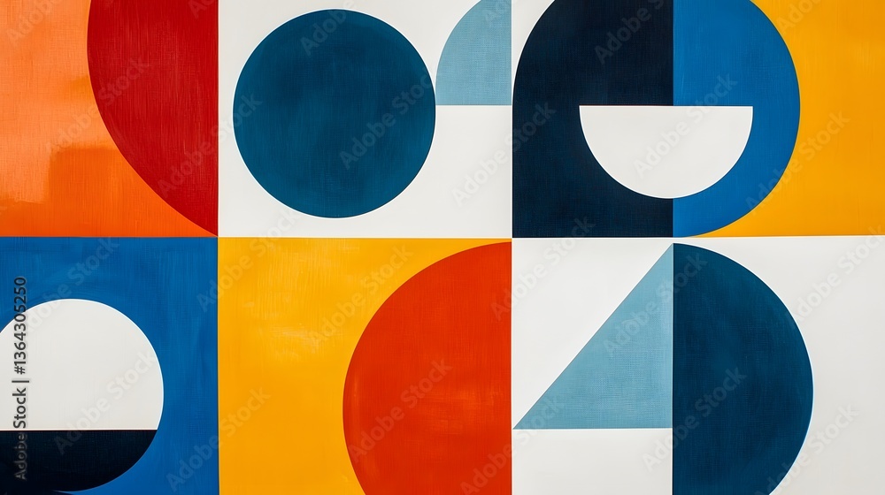 Poster a minimalist contemporary design featuring boldly stacked and layered geometric shapes in a vibrant 