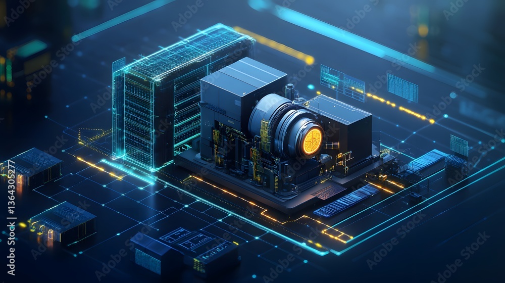 Poster a computer generated image of a large industrial plant with a yellow light on top. the image is in a