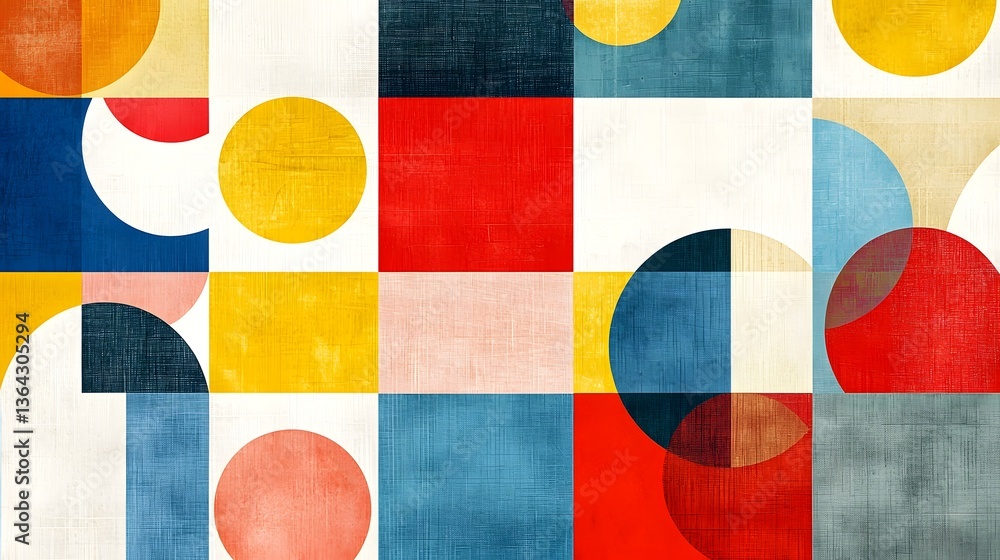 Poster A bold minimalist abstract design featuring a striking arrangement of primary colored squares circles and triangles in a visually captivating geometric composition