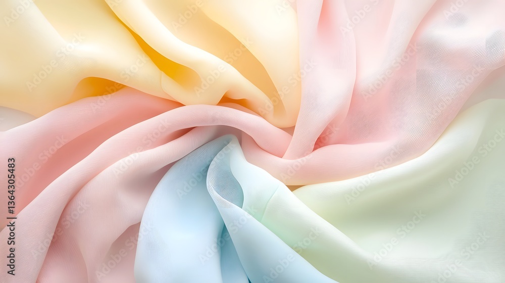 Poster an elegant and serene composition of soft pastel colored fabrics merging into a blurred airy gradien