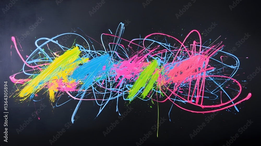 Poster striking abstract artwork featuring a dynamic electric composition of neon infused brushstrokes in v