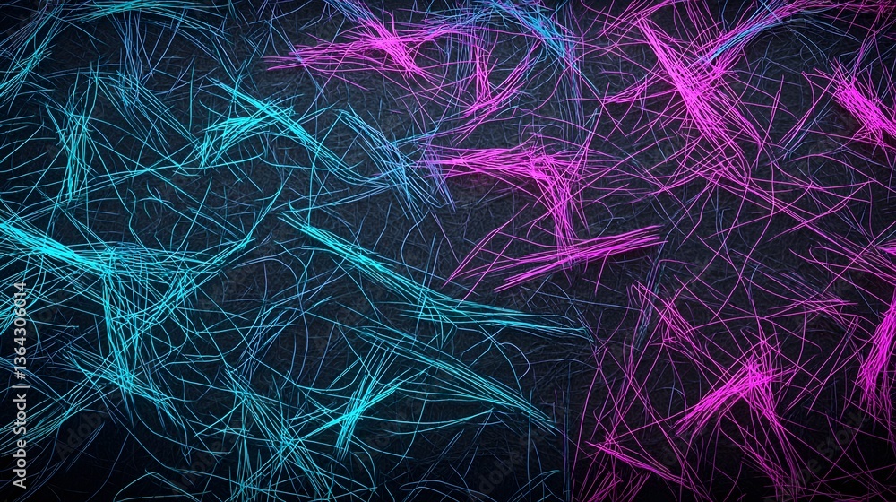 Aufkleber Captivating abstract composition featuring dynamic intersecting neon brush lines in shimmering teal and bold purple hues creating a bold and energetic visual display against a dark textured backdrop