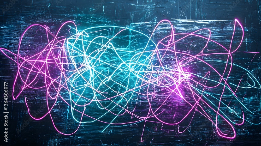 Fototapete Glowing neon like brush strokes in vivid shades of teal and purple swirl and undulate across a dark textured background creating a mesmerizing high energy visual experience