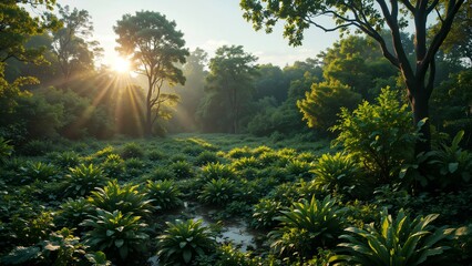 Fototapeta premium Serene Sunrise Over Lush Green Forest Landscape with Sunlight Beams