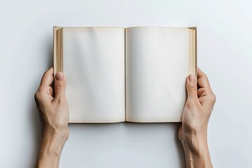 Hands Holding Open Book Mockup Blank Hard Cover Mockup Isolated on White Background