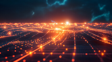 Obraz premium Futuristic solar energy grid with interconnected solar panels, distributing energy to a global network.