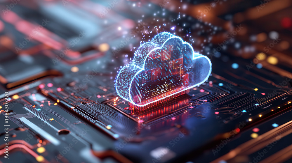 Poster glowing digital cloud icon on futuristic circuit board, symbolizing advanced cloud computing and ai 