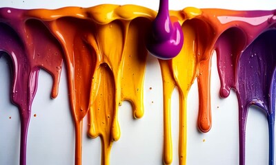 Vibrant paint drips in shades of purple, orange, and yellow creating a colorful abstract background