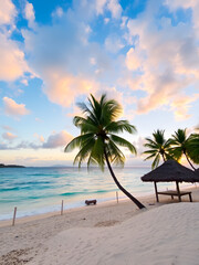 Fototapeta premium Tropical beach with palm trees and hut at sunset.
