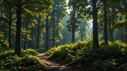 Obraz premium Serene Forest Path with Sunlight Filtering Through Green Leaves