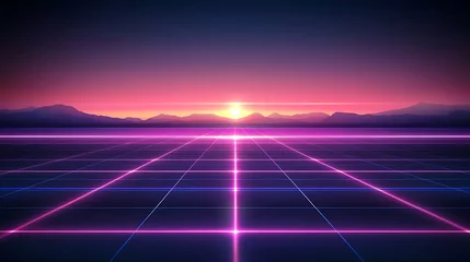 Gardinen Retro futuristic sunset landscape with grid. © Aku
