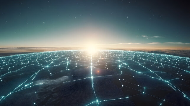 Futuristic solar energy grid with interconnected solar panels, distributing energy to a global network.