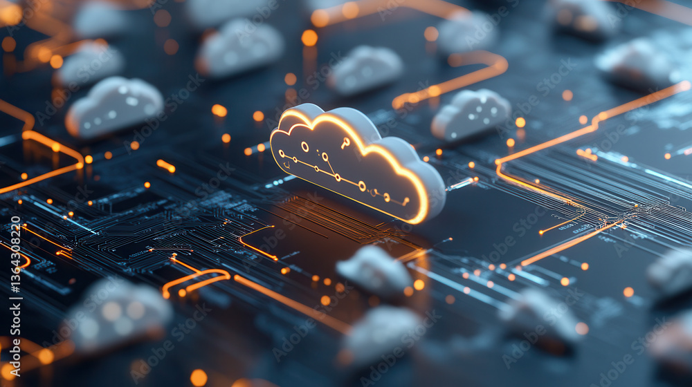Poster futuristic cloud ecosystem with interconnected networks and glowing circuits, symbolizing advanced d
