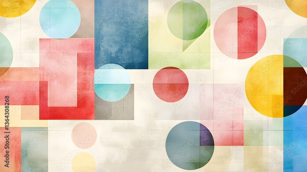 Fototapete An abstract composition of overlapping pastel colored geometric shapes including circles rectangles and squares arranged in a visually engaging and harmonious pattern on a soft muted background
