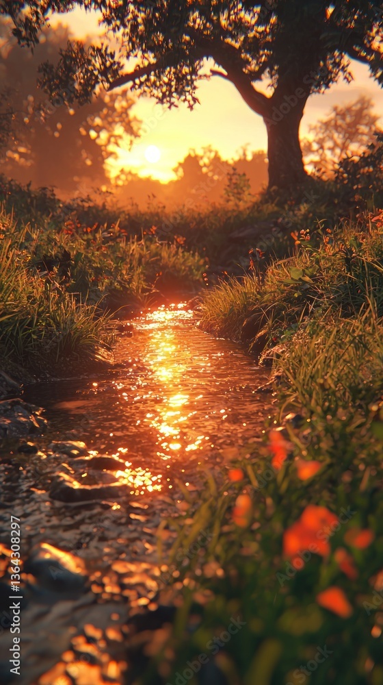 Poster golden light reflects in a stream flowing through a grassy field under a tree