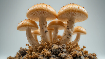 A mesmerizing cluster of psychedelic mushrooms, featuring golden caps and intricate gill patterns. Their organic growth and earthy textures create a surreal, almost otherworldly appearance, evoking a 