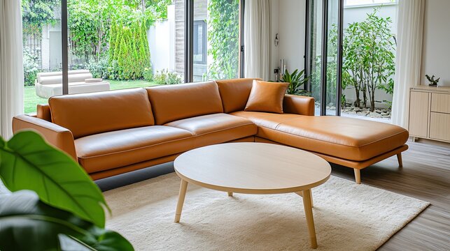 A sleek and modern living room with a caramel leather L-shaped sofa - Powered by Adobe