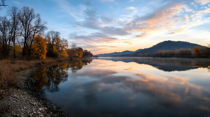 Panoramic View Of Lake Reflecting Blue Sky And Orange Clouds At Sunset With Trees And Mountains In Background