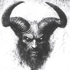 A sinister demonic illustration of a horned creature staring intensely at the viewer