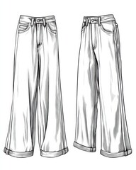 Technical fashion illustration showcasing wide leg jeans mockup template front and back views for unisex design