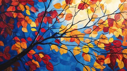 A vibrant autumn scene with colorful leaves against a blue sky.