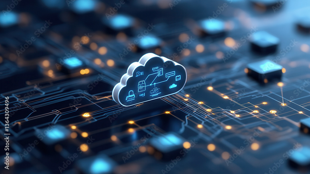 Poster glowing cloud icon on futuristic circuit board symbolizes cloud computing and digital connectivity