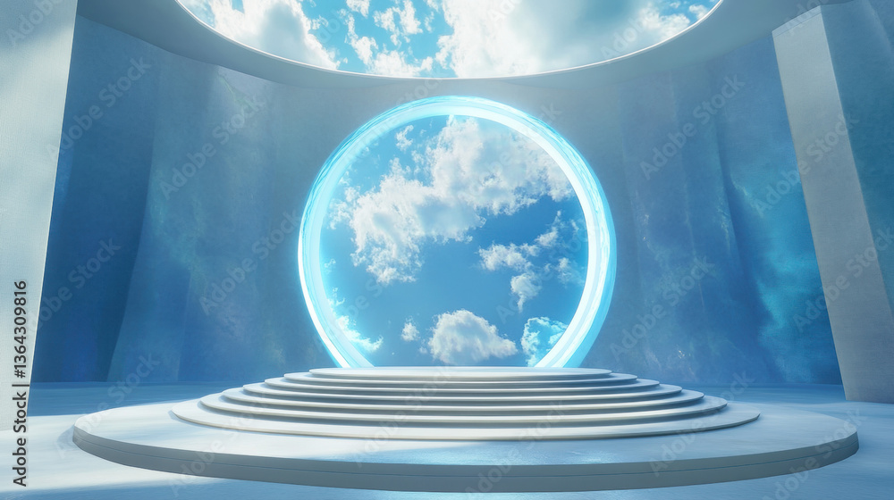 Poster 3d abstract design with blue sky, clouds, waves, and light motion in a circular pattern with archite