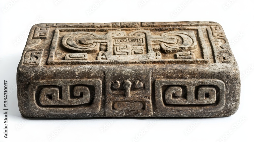 Poster a weathered rectangular carved stone object against a white background