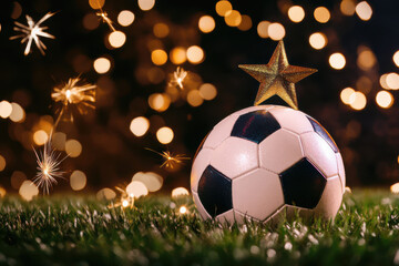 Fototapeta premium Soccer Ball with a Golden Star Topper Sitting on a Field Lit by Fireworks for New Year’s Eve