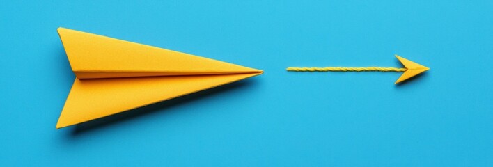Vibrant Yellow Paper Airplane Gliding Over Bright Blue Background Symbolizing Creativity and Adventure