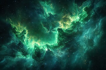 Obraz premium Green and gold nebula with stars in the background for cosmic artwork. Use this image for sci-fi, fantasy book covers, or galactic backgrounds.