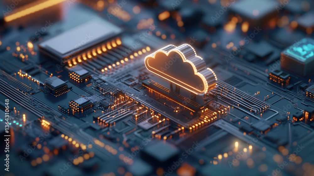 Poster glowing cloud icon on futuristic circuit board symbolizes cloud computing and data storage technolog