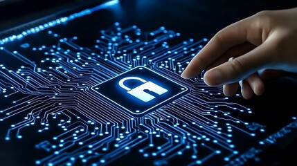 Human finger touching a glowing digital padlock on a circuit board