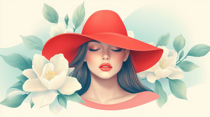 Woman with Red Hat Embracing Serenity Amidst White Flowers  