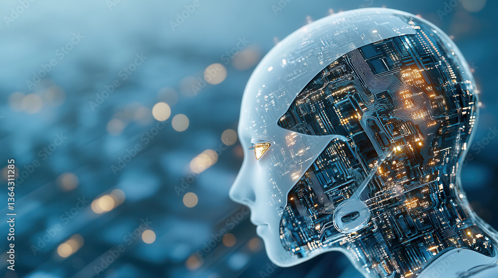 Poster futuristic robotic ai head with glowing circuits symbolizes advanced technology and artificial intel