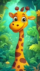 Naklejka premium Happy Cartoon Giraffe in a Lush Jungle Setting, Mobile Background
