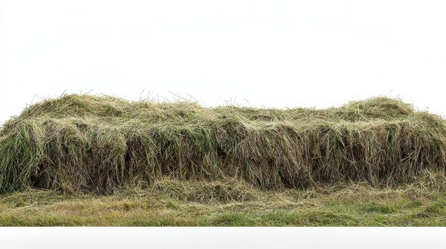 Freshly Cut Grass Hay Bales Stacked on Farm Field in Bright Light
