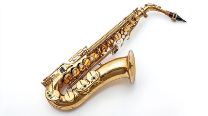 A gold colored saxophone instrument photographed on white background clearly