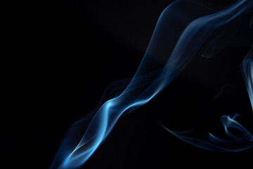 Wispy blue smoke wave flowing against a black background, creating a sense of mystery and elegance....
