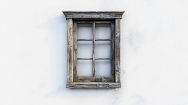 A rustic wooden window frame set against a white wall, showcasing simple architectural design.