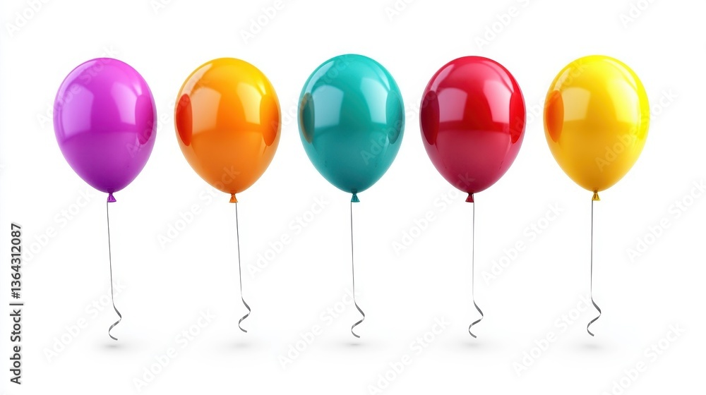 Poster five colorful balloons floating with their attached strings against white