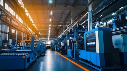 Fototapeta premium A modern industrial factory setting with rows of blue colored and equipment operating to manufacture various products illuminated by dramatic cinematic style lighting