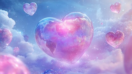 Celestial Heart Earth, cloudscape, love, floating, pastel, dreamy, Valentine's, design