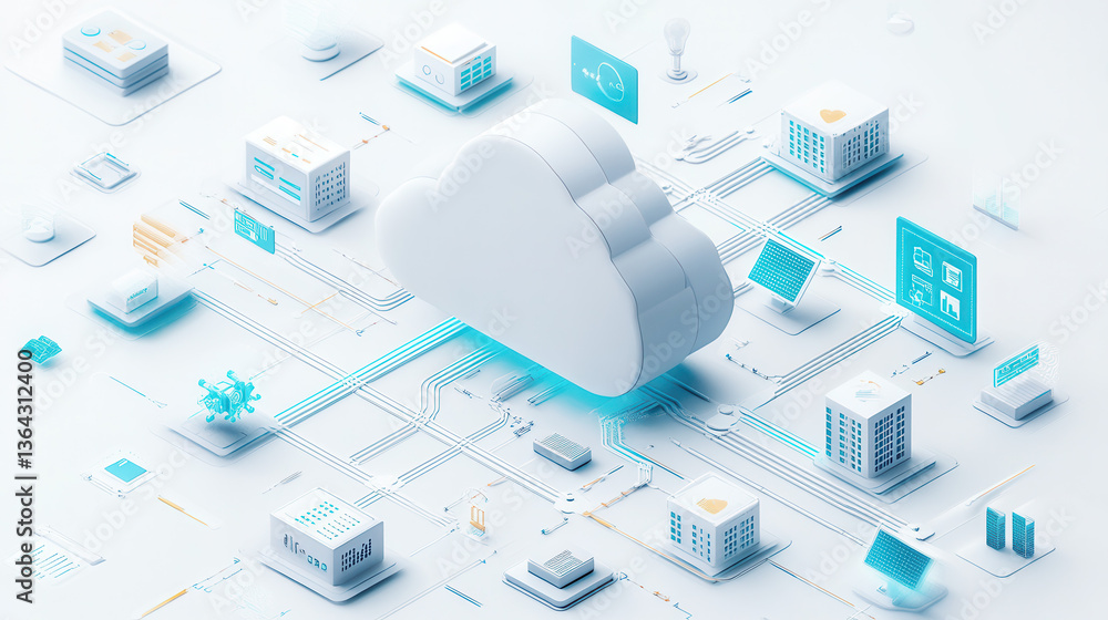Poster futuristic cloud computing network with interconnected devices and buildings, showcasing data flow and edge computing