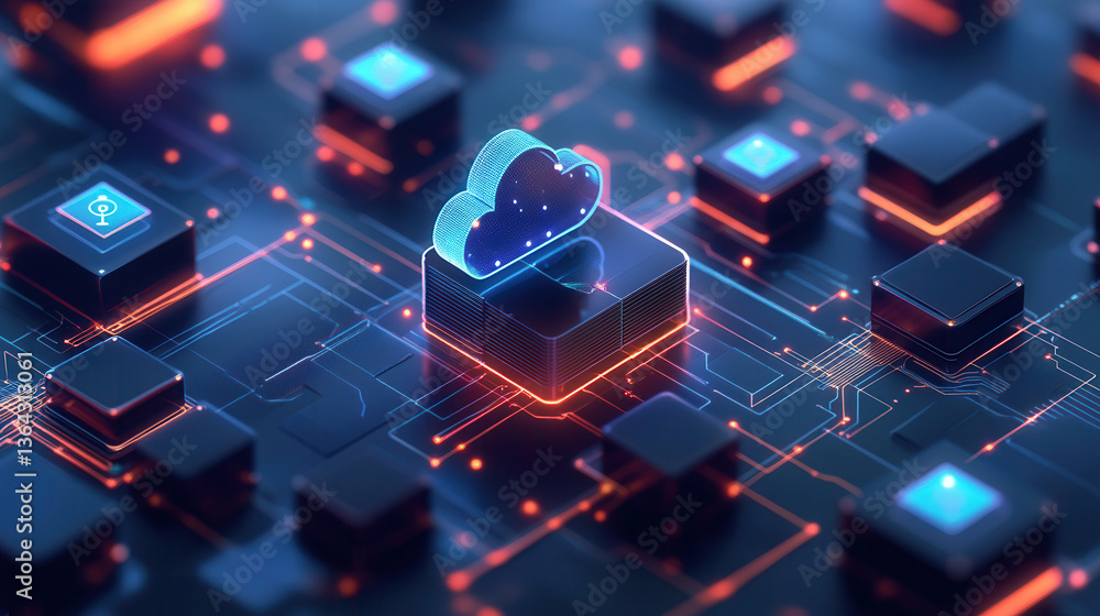Poster futuristic isometric illustration of decentralized cloud network with glowing circuits and digital c